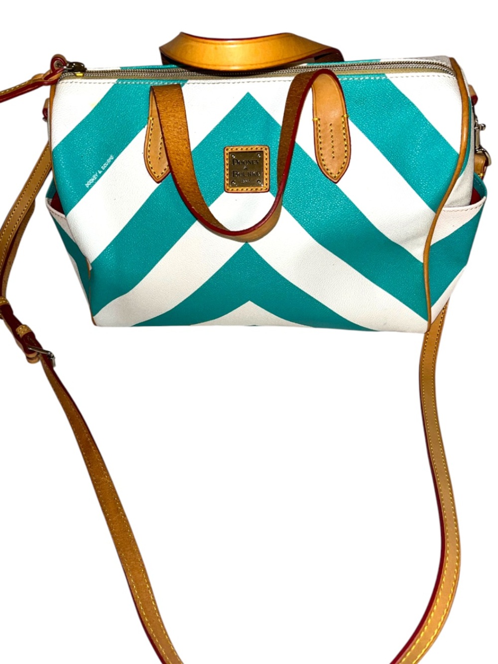 Dooney & Bourke Turquoise and White Chevron Satchel with Tan Trim
